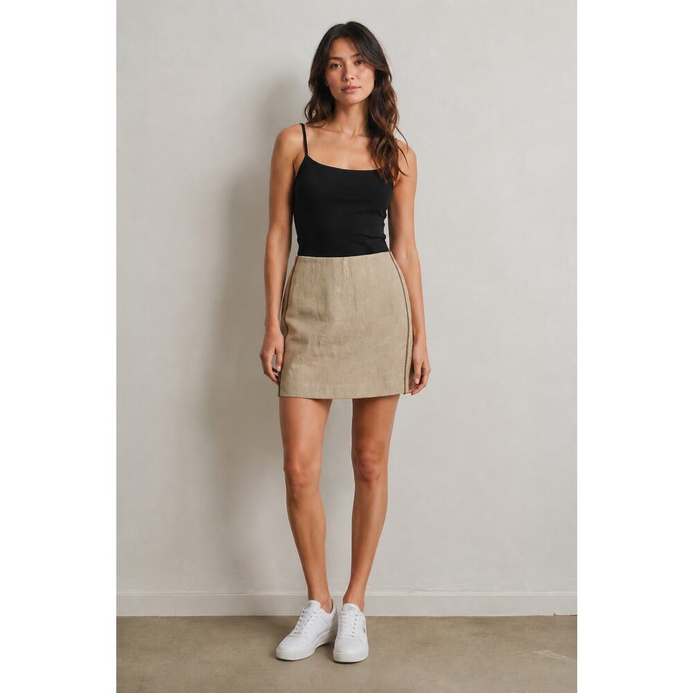 J Crew 100% Linen Pencil Skirt Womens Size 4 Lined Herringbone Side Stripe Tan